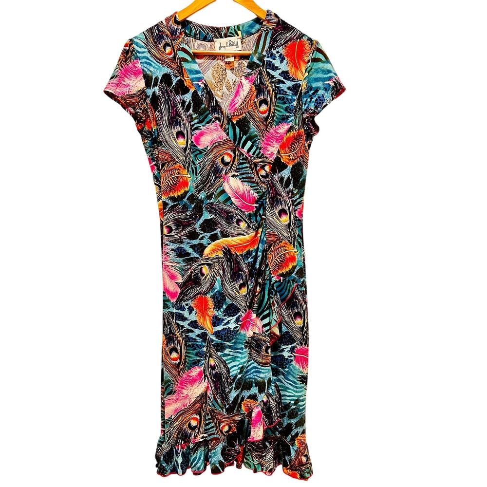 Joseph Ribkoff Feather Print Dress Wrap Ruffle Hem Stretch Midi 10